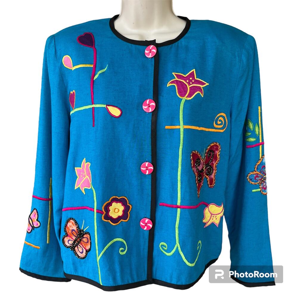 VTG Draper's & Damon's Button Up Jacket Applique Flowers Butterflies Petite M